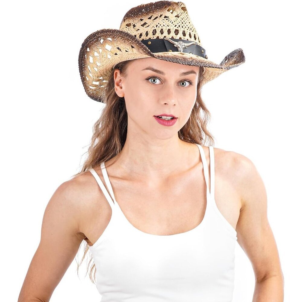 Women's Straw Wide with Shapeable Brim Cowboy Hat White/Black Almond & Coffee - Picture 4 of 6